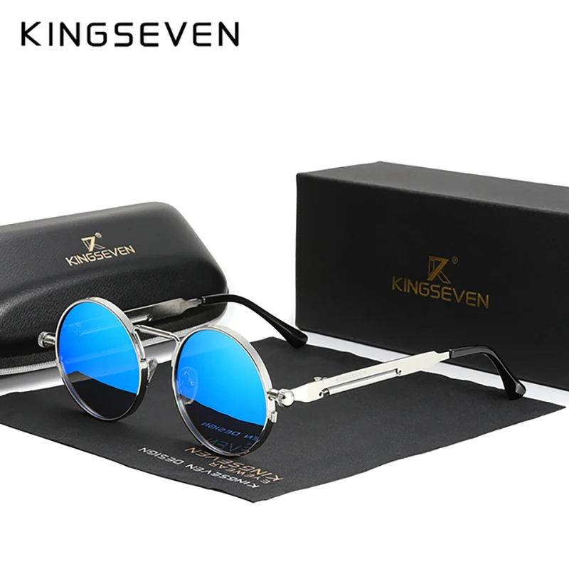 KINGSEVEN Brand Men Polarized Steampunk Round Sunglasses Made Of stainless Material Sun Glasses For Women Vintage Style