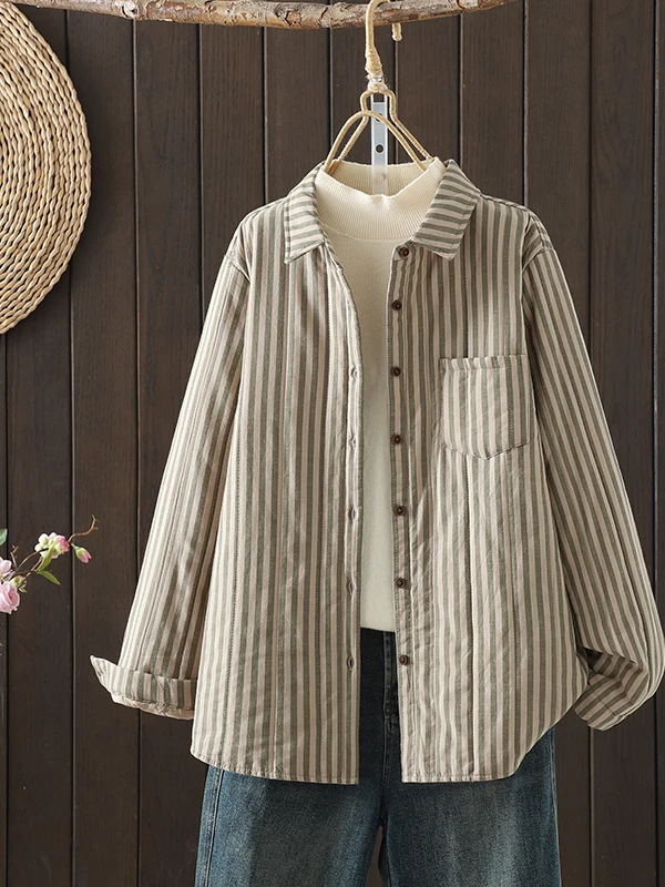 

Свободная посадка Long Sve Cotton irt в полоску, корейская теплая верхняя одежда из чистого хлопка, пальто для осенне-зимней повседневной одежды