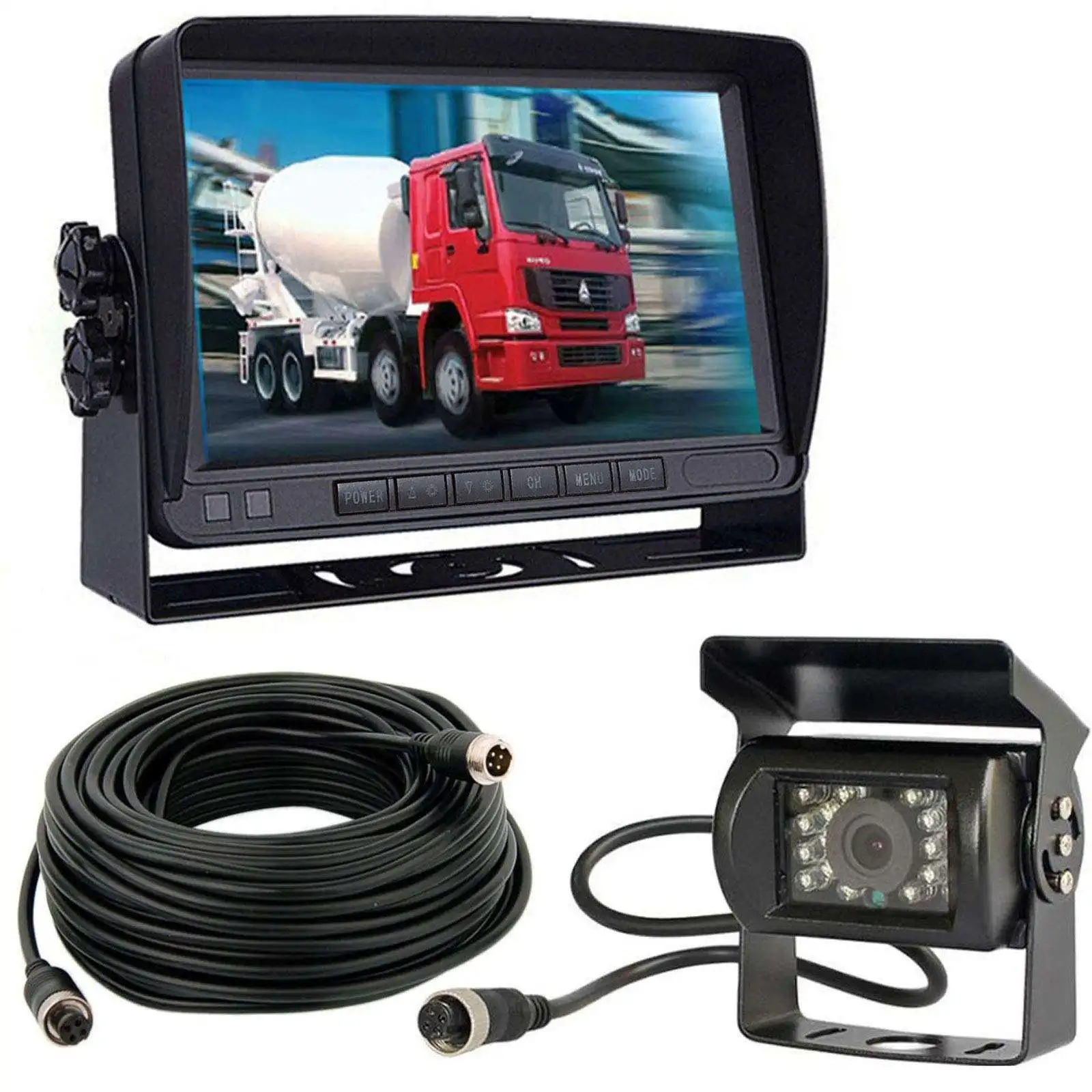 12V-24V 4 Pin Waterproof Rear View with 7 Inch HD Color 18 LEDs Night Vision for Motorhome Truck Trailer