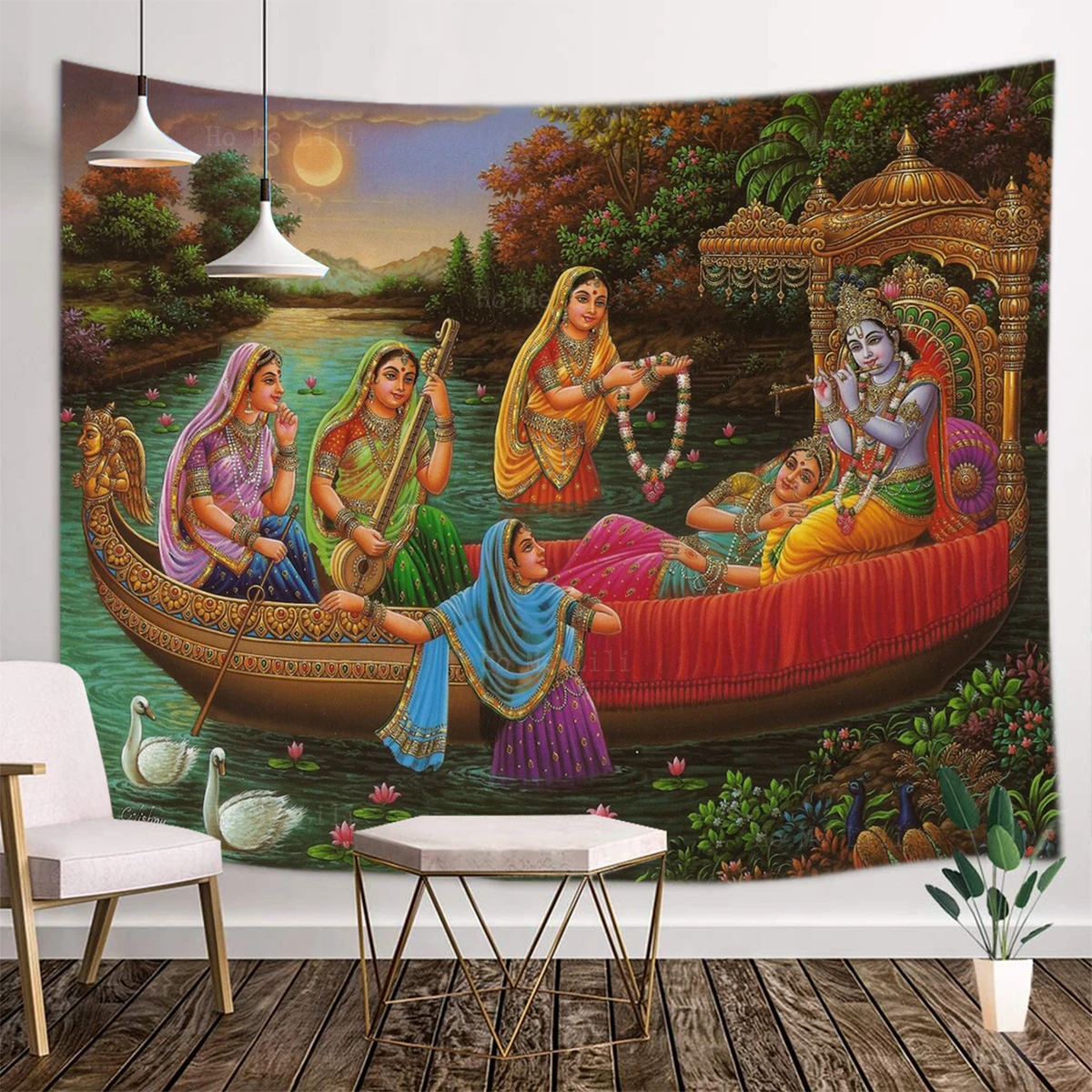 Lord Krishna With His Devotees In A Boat On The Yamuna River Hinduism Shiva Religion Tapestry By Ho Me Lili For Room Decor