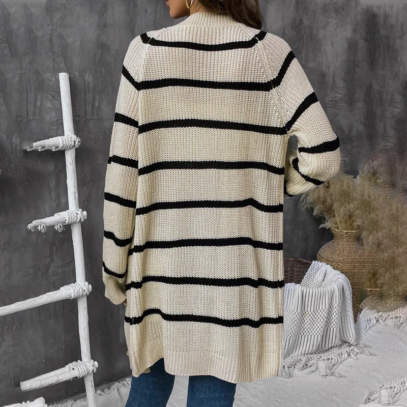 Women Autumn Winter Striped Loose Cardigan Sweater Amazon Cross-border Women's Casual Versatile Sweater