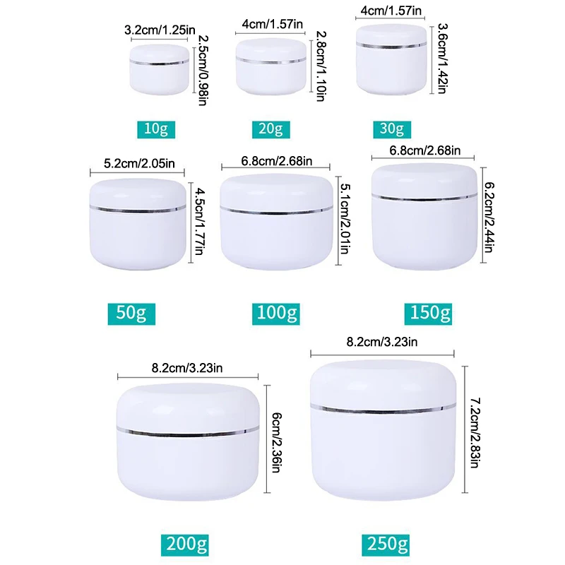 White Refillable Bottles For Travel Face Cream Lotion Cosmetic Container Plastic Empty Makeup Jar Pot 10/20/30/50/100/150/250g