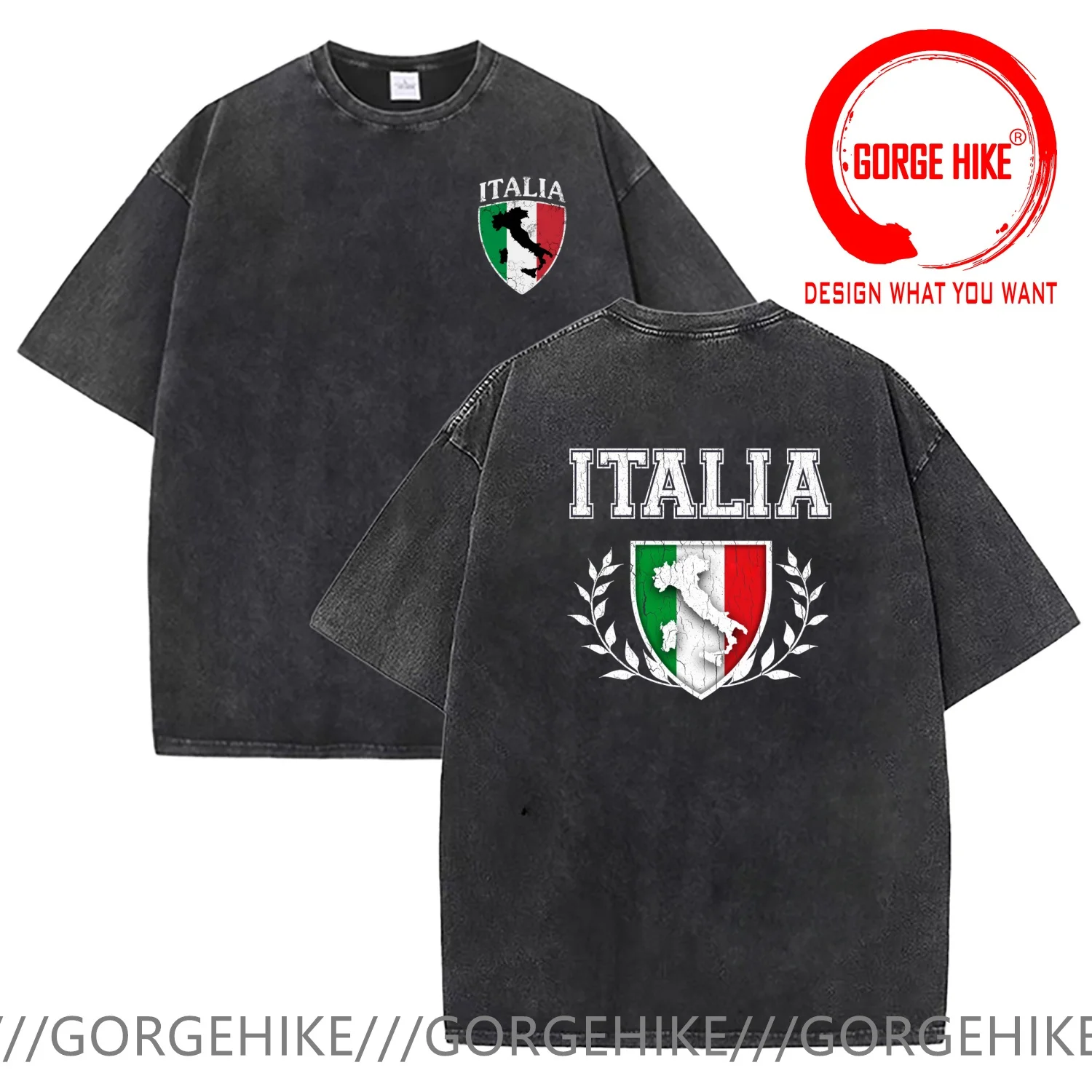 Vintage Washed Cotton T-Shirt Funny Designer Italian Flag Crest T Shirt Men Fashion Trendy Casual Clothing Stylish Tops Tees