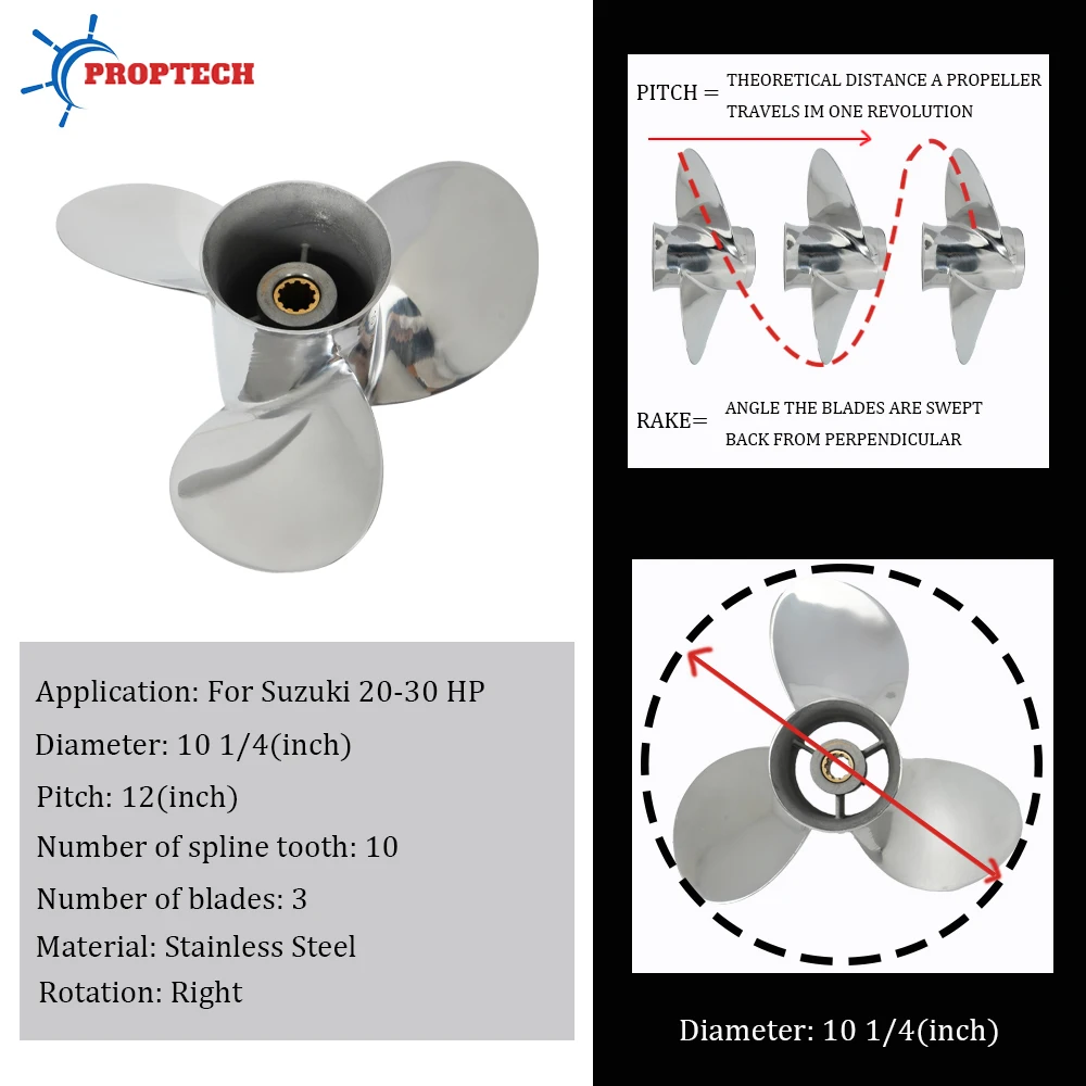 For Suzuki Outboard Motor Propeller 20hp 25hp 30hp Boat Ship Stainless Steel 3 Blade 10 Spline Fit 10 1/4*12 inch Marine Part