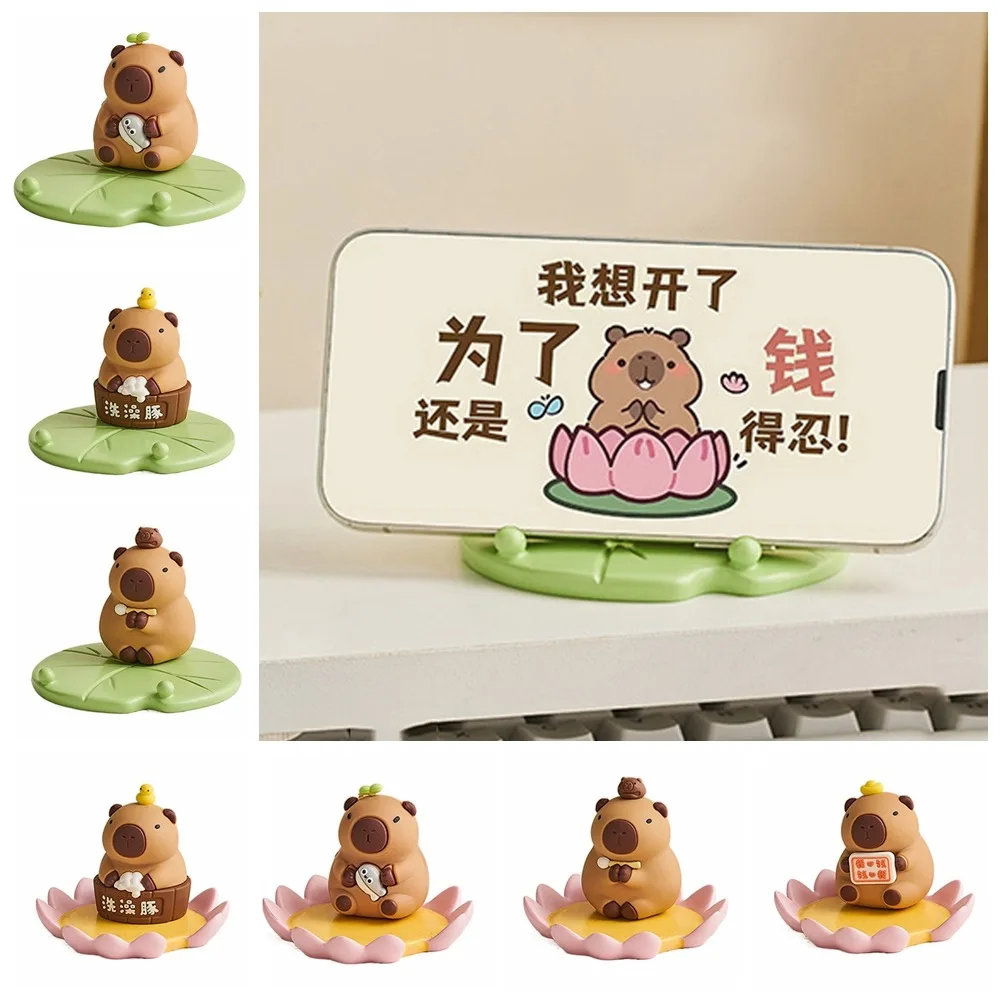 Phone Holder Resin Capybara Ornament Desk Decor Lotus Flower Capybara Model Toy Cartoon Cute Animal Figurines Decorative Gifts