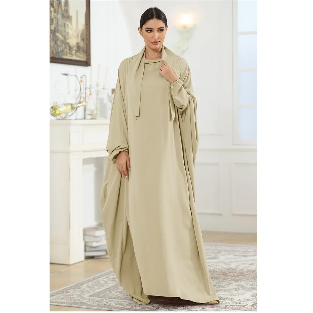 Satin Abaya Frauen Muslim Lange Khimar Lose Fledermaus Ärmel Maxi Kleid Türkei Gebet Krawatte Zurück Eid Ramadan Kaftan Islamischen Jalabiya Robe