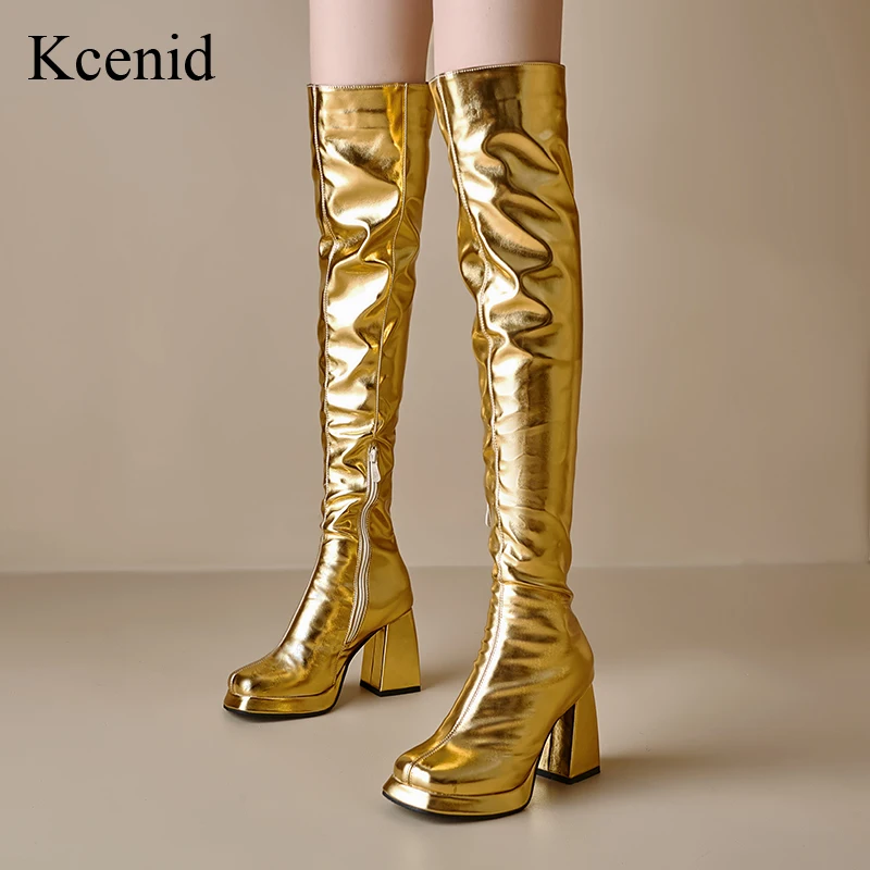 

Kcenid Sexy Women Thigh High Platform Boots Gold Square Toe Thick Heels Party Club Woman Shoes Zipper Long Over Knee Boots