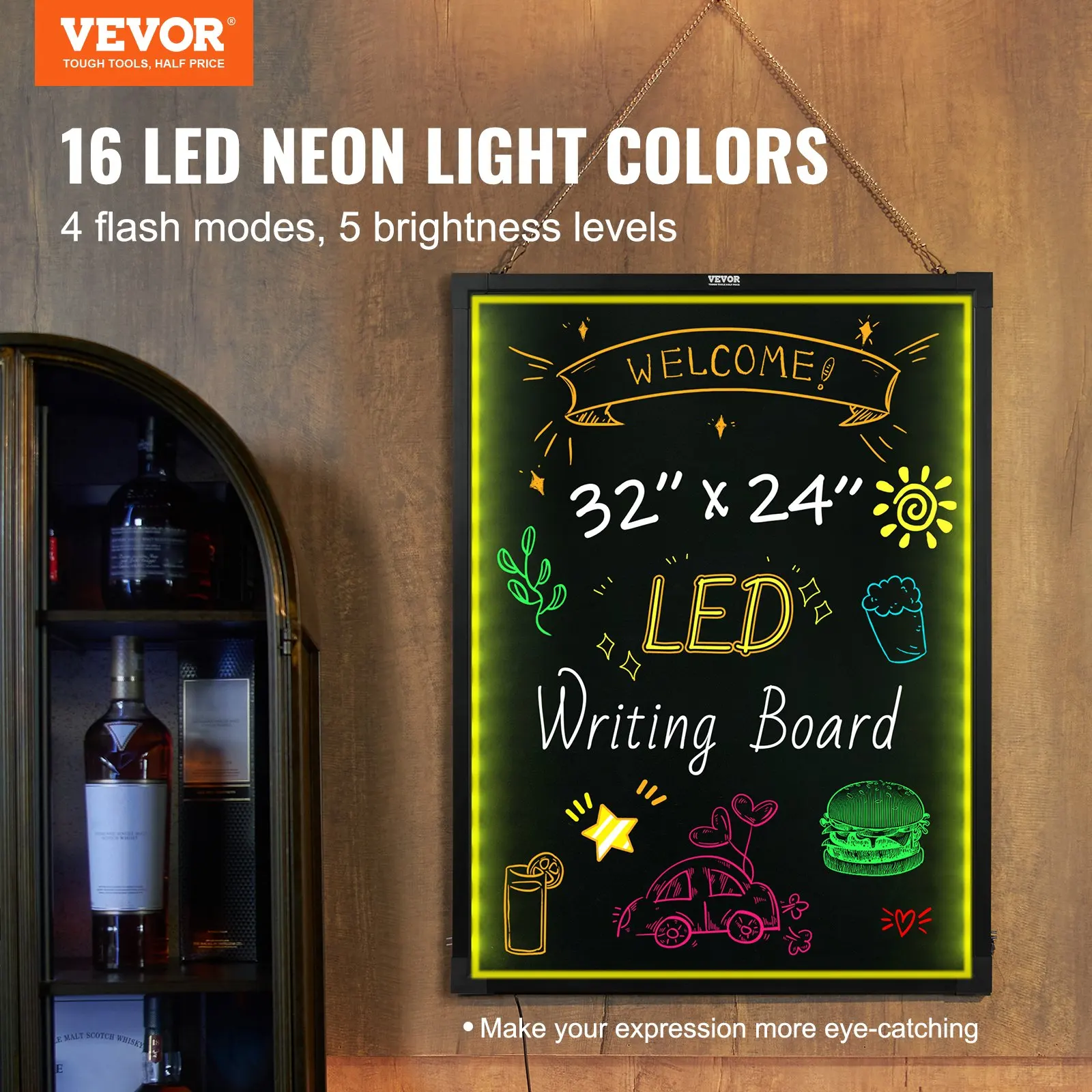 

LED Message Writing Board, Illuminated Erasable Lighted Chalkboard, Neon Effect Menu Sign Board, Drawing Board With 8