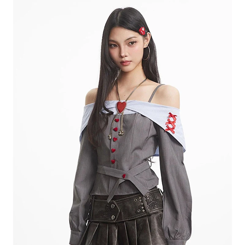 

MEXZT Y2K Cropped Slash Neck Shirts Women Streetwear Bow Striped Patchwork Blouses Autumn Sexy Gyaru Korean Long Sleeve Tops New