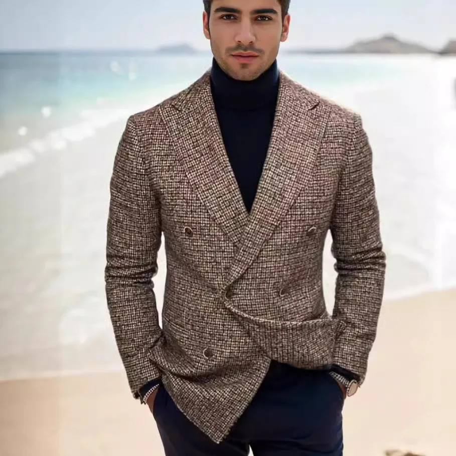 Men's Casual Plaid Suit Double Row Three Buckles Slim Fit Tweed Fabric Chest Bag Retro Blazer for Business Gentleman