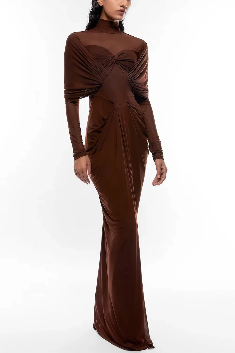 

Customized Modern and Formal High Neckline Evening Dress Brown Chiffon Floor Length Straight Sweep Train Long Sleeves Prom Gown