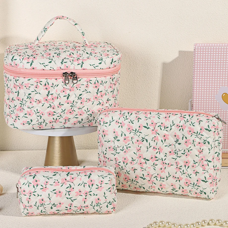 3Pcs Floral Pattern Makeup Pouch Quilted Cotton Women Cosmetic Bag Large Capacity Travel Toiletry Bag Portable Storage Wash Bags