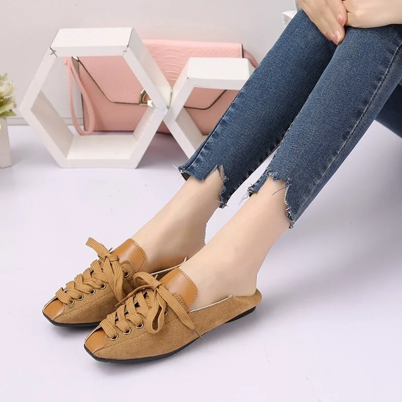 Zapatos planos con cordones de cabeza cuadrada para mujer, suela suave, ligeros, antideslizantes, a la moda, novedad de otoño