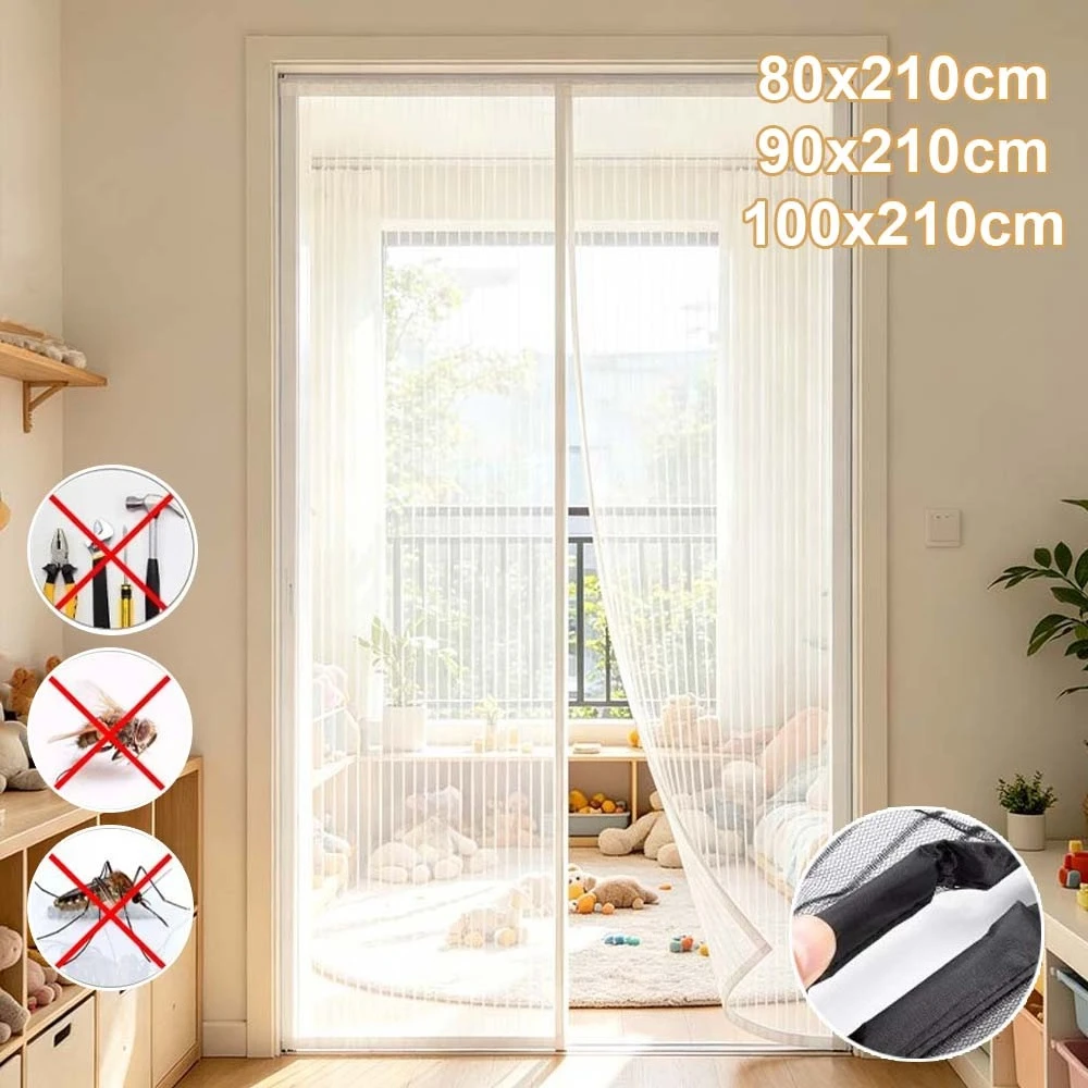Mesh Magnetic Screen Door Self-Sealing Mosquito Net Curtains with Strong Magnets Breathable Summer Fly Barrier for Home Office