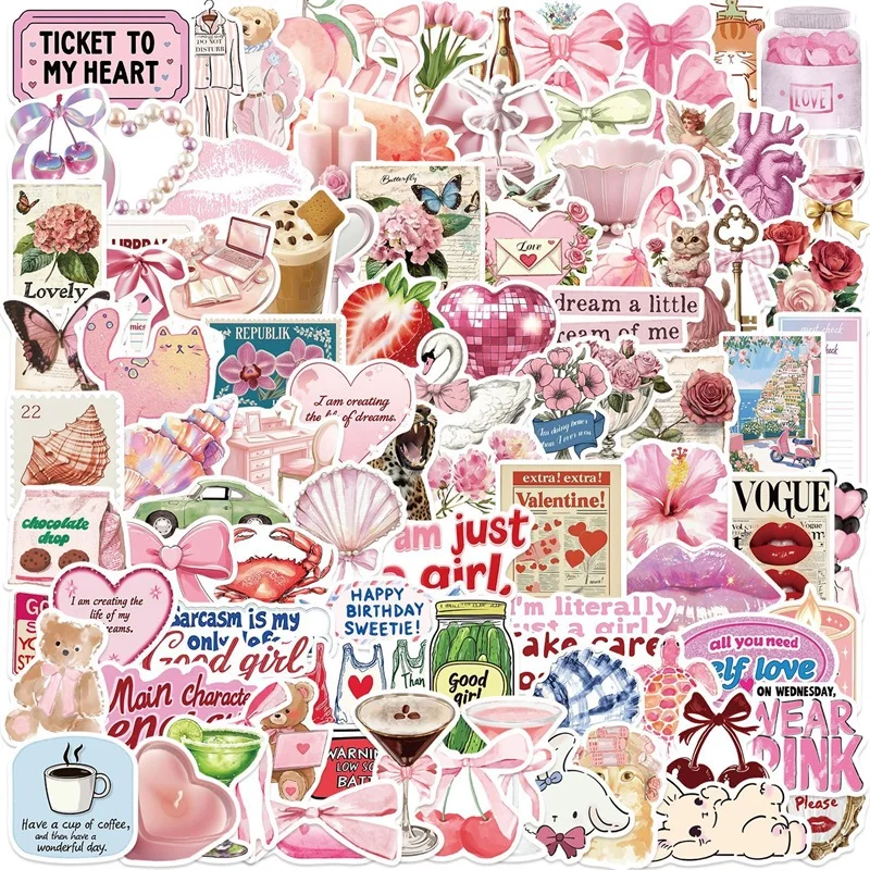 

10/30/50/100/200PCS Cute Pink Girl PVC Sticker Aesthetic Colored DIY Decoration Phone Laptop Luggage Skateboard Graffiti Decals