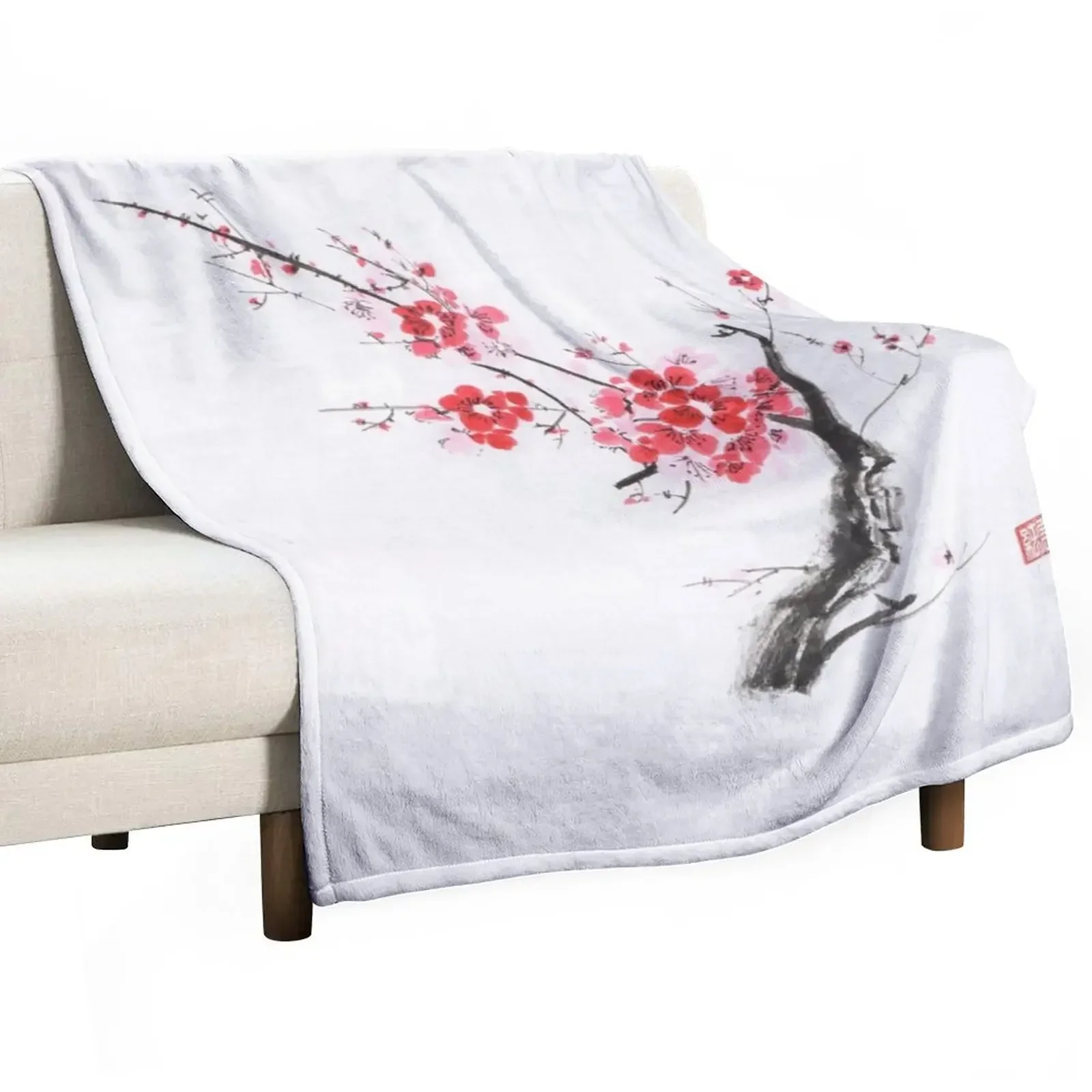 

Cherry blossom abstract Japanese Zen painting of Sakura branch with red flowers on white art print Throw Blanket Loose Blankets