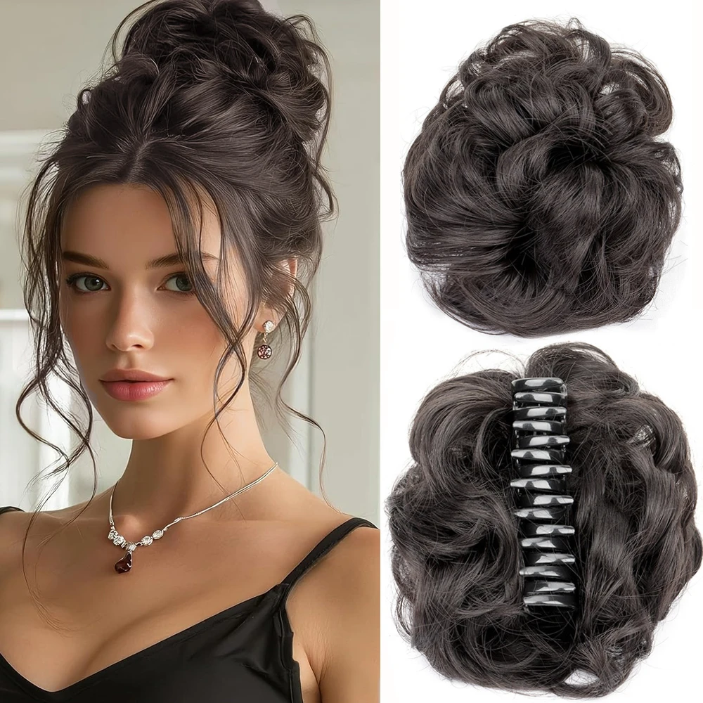Synthetischer Messy Bun Haargummi mit Haarklammer, Haarverlängerung aus Hochtemperaturfaser, Flauschiger Chignon für Frauen – Detail 13