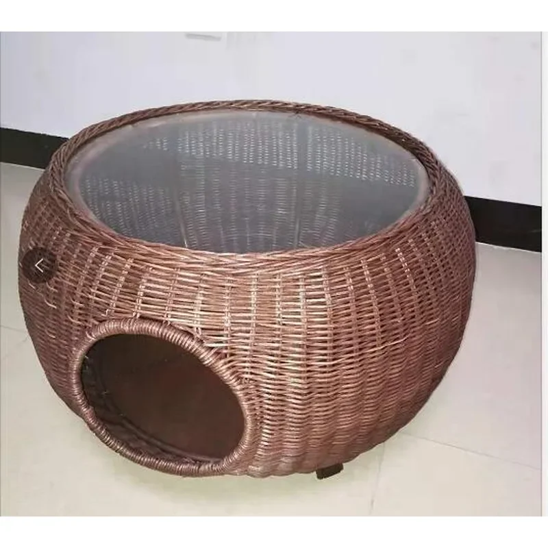 Rattan Cat Coffee Table Semi Enclosed Pet Bed Dual Use Cage for Cats Dogs Modern Furniture