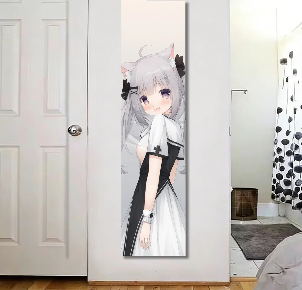 Kawaii Anime Cat Girl Vertical Tapestry Silver Hair Nekomimi Flat Print Wall Hanging for Bedroom Dorm Room Aesthetic Decor