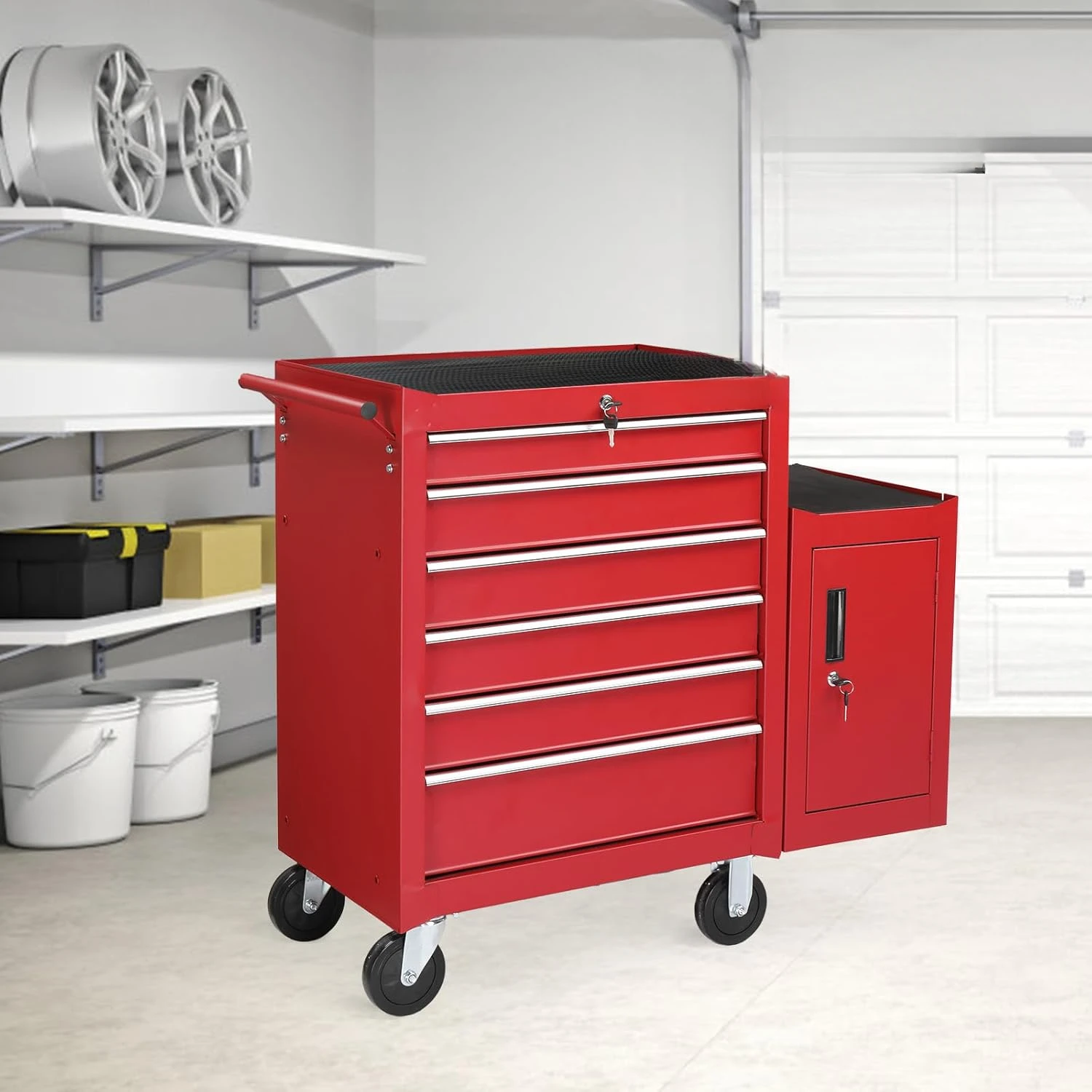 

Rolling Tool Chest w/Lock & Key, Tool Storage Side Cabinet with Wheels, Top Cushion & Drawer Liners,