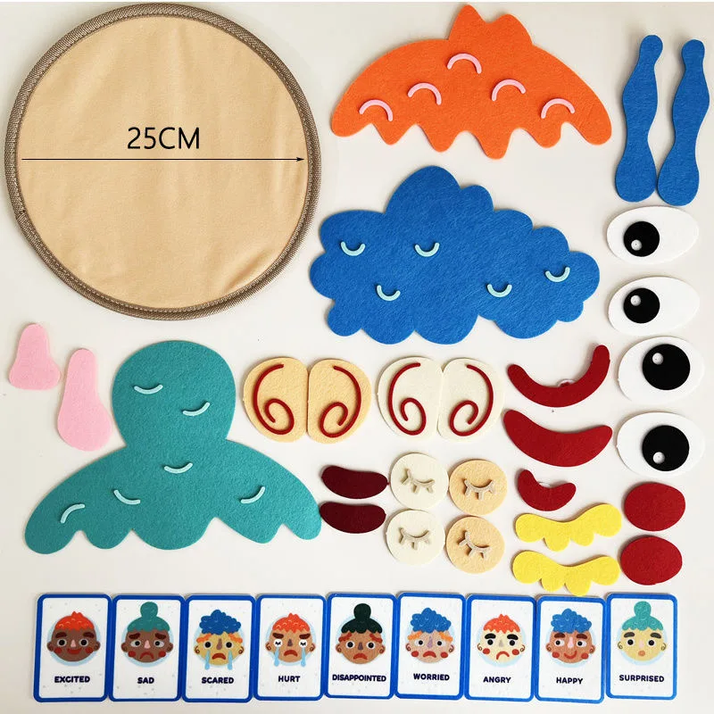Adesivi per emozioni fai-da-te per bambini – Gioco per l'apprendimento dell'espressione delle emozioni per l'educazione precoce, giocattoli per il viso delle emozioni in feltro