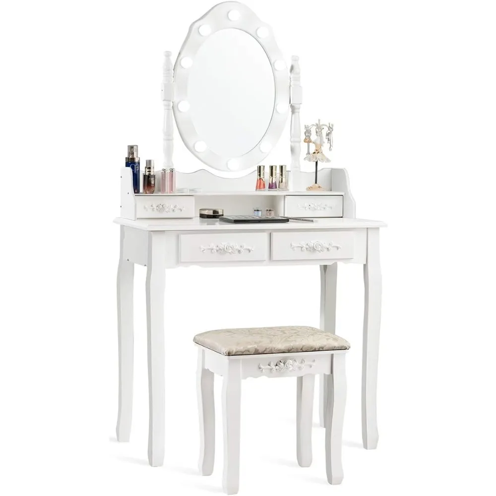 

Makeup Vanity Table with 10 LED Lights, 4 Drawers, Storage Shelf, Rose Knob, Bedroom Dressing Makeup Table Vanity Desk