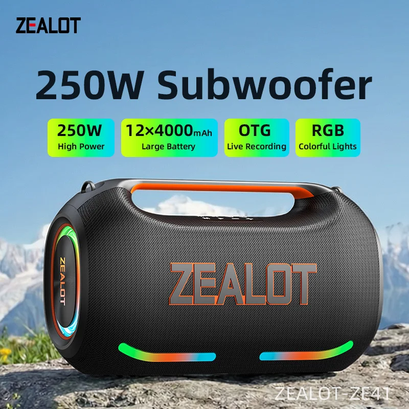 

Bluetooth-колонка ZEALOT ZE41 250W, мощный сабвуфер, водонепроницаемость IPX, аккумулятор 48000 мАч, TWS, RGB-подсветка, USB/TF/AUX