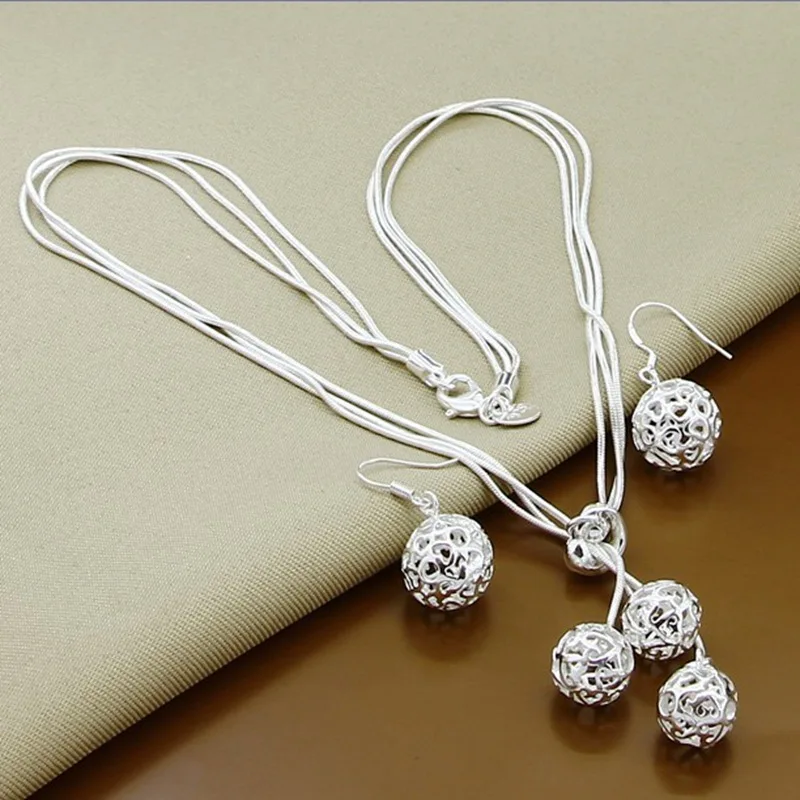 

Комплект из стерлингового серебра 925 пробы, комплект с тремя шариками, ожерелье и серьги для девочек, модный простой подарок на день рождения, свадьбу, годовщину ювелирных изделий