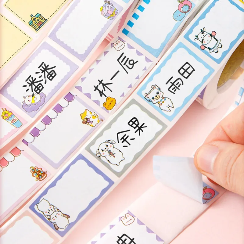 350pcs/roll Cute Name Stickers Children's Self-adhesive Color Label Stickers Film Type Handwritten Self-adhesive Square Stickers