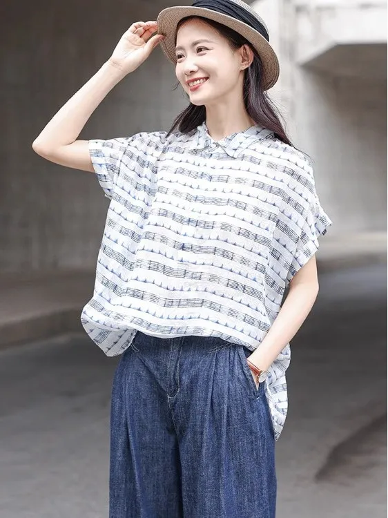 

Retro Artistic Women's Ne Linen irt Loose Fit Summer Thin ort Sve Print Casual Sle Mid-Length Casual irt