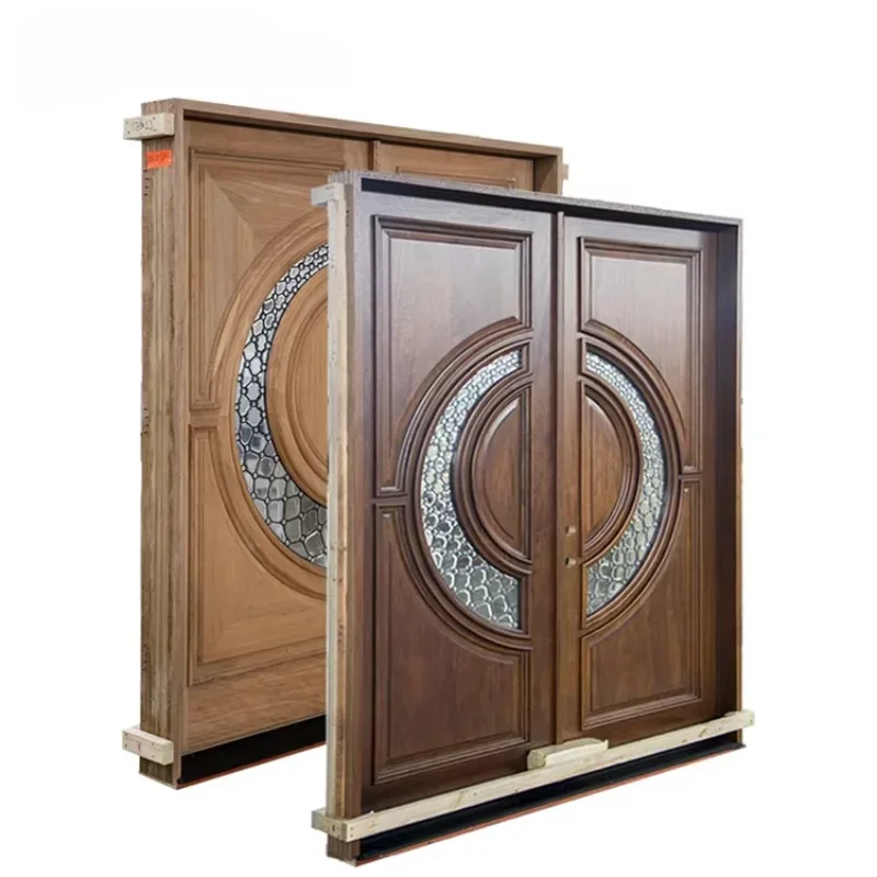 

Prettywood Transitional Style Solid Mahogany Front Entrance Double Wooden Main Door Design