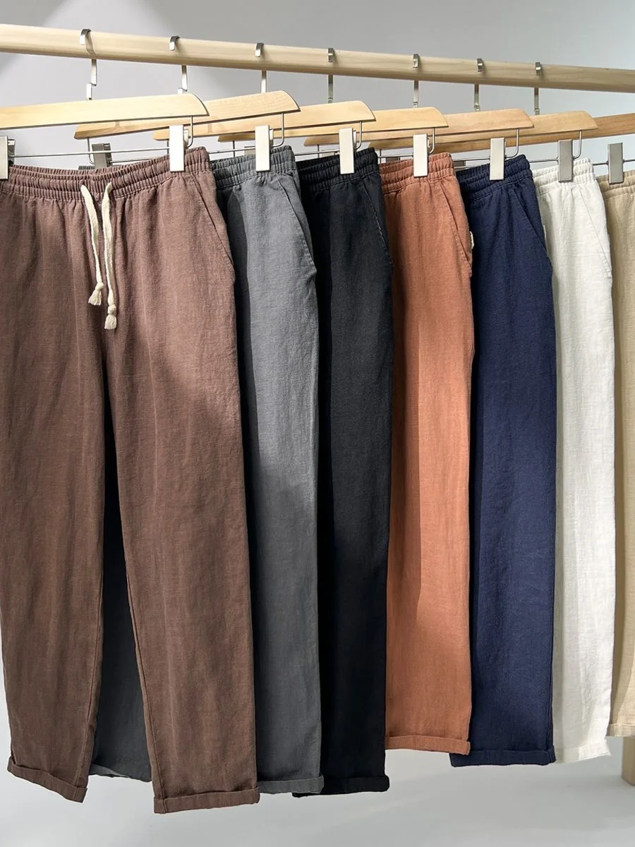 

Men's Casual Cotton Linen Pants Loose Fit Summer Sun Protection Color Nine Point Straight Leg Trousers Faionable Yout...