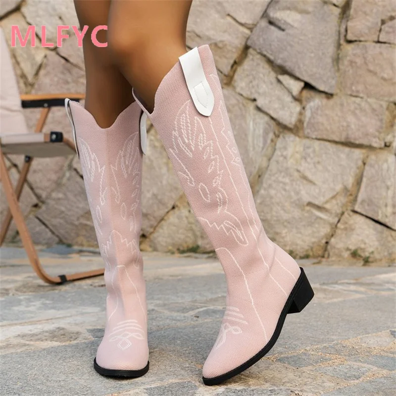 

European and American Style New Elastic Warm Mid Sleeve Boots Women's Large Heel Embroidery Vintage Socks Boots