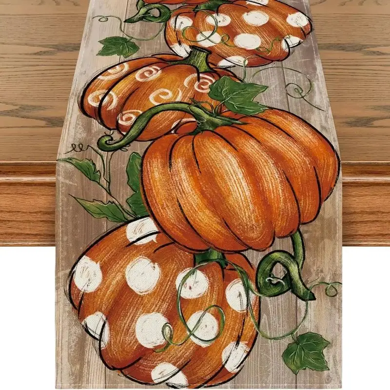VIKAMA Fall Table Runner Polka Dot Pumpkin Vine Wood Grain Linen Runner Thanksgiving Harvest Dining Table Home Decor
