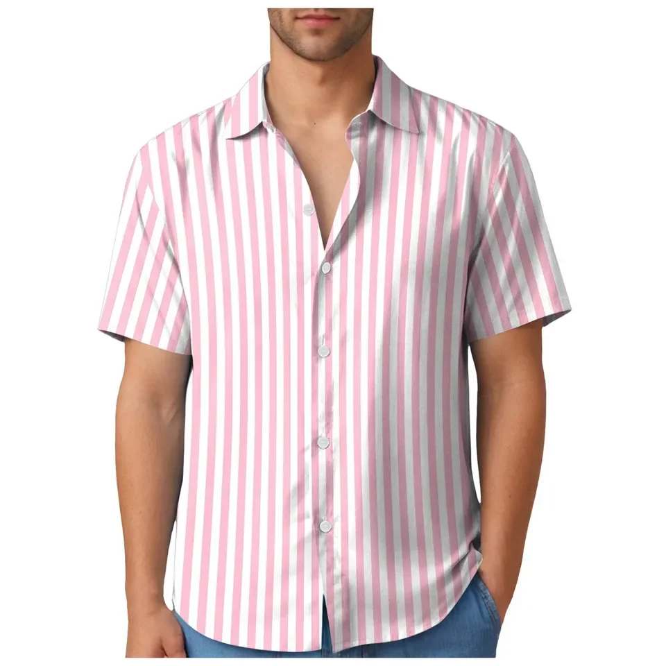 Short Sleeve Mens Shirts Summer Fashion Striped Blouse Daily Casual Button-Up Turn-Down Collar Shirt For Men Casual Shirts