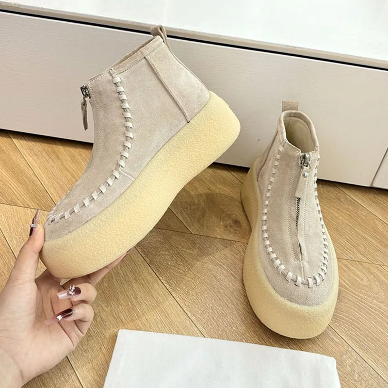 

Короткие ботинки из коровьей замши с круглым носком, женские современные ботинки на молнии спереди с толстой подошвой, весенне-осенние современные ботинки в стиле ретро