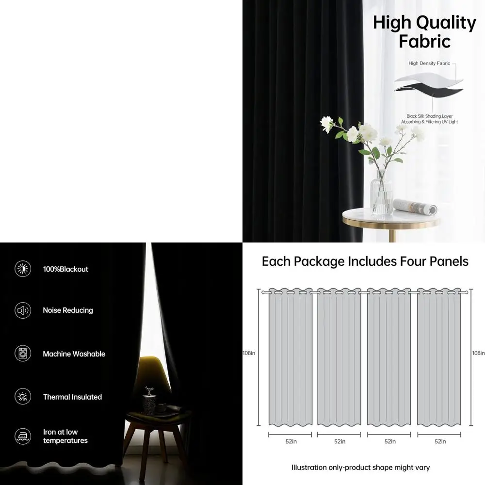 

Термоизолирующие светонепроницаемые шторы с люверсами для спальни, 52 дюйма в ширину x 108 дюймов в длину, однотонные черные