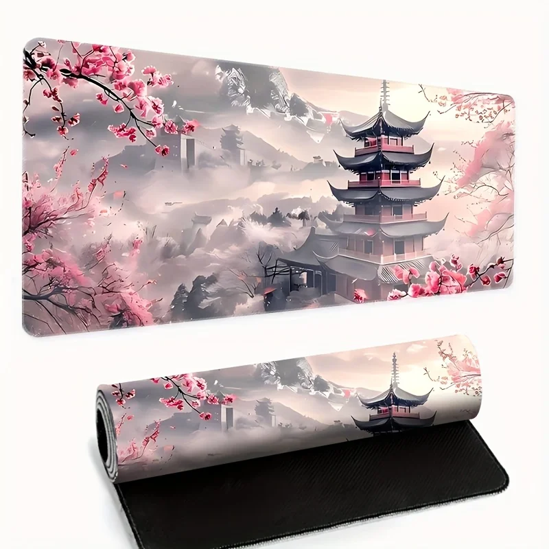 Aesthetic Sakura Temple Desk Mat, Extended Non-Slip Rubber Gaming Mouse Pad with Soft Pink Floral & Temple Design