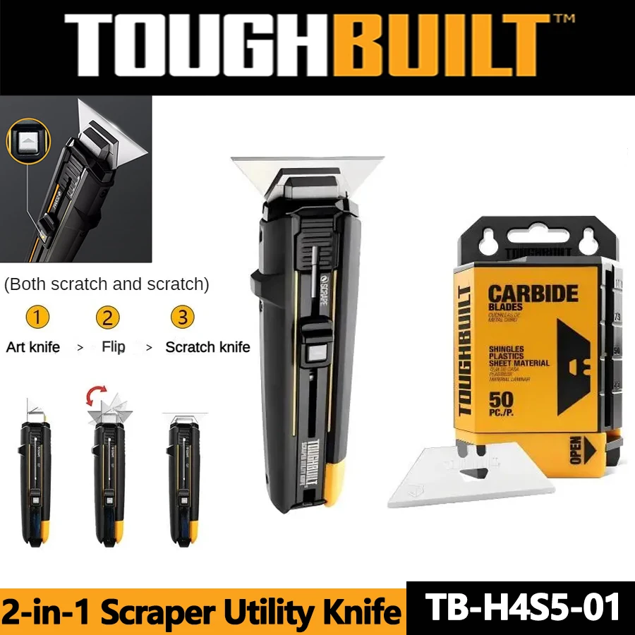 TOUGHBUILT TB-H4S5-01 Scraper Utility Knife With 5 Blades 2-in-1 Multi-Function Deformation Scraper Hand Tools