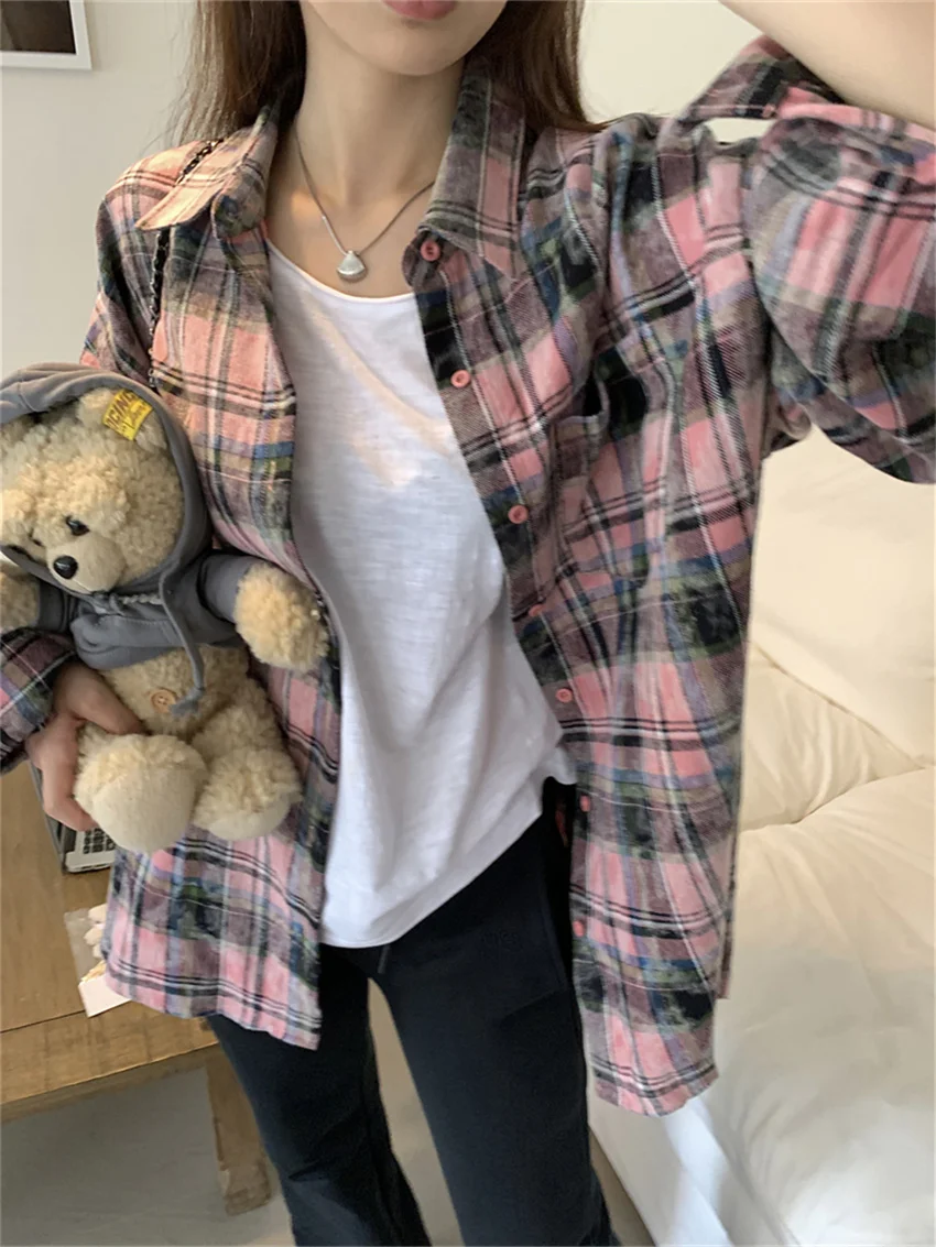 Alien Kitty S-M Women Shirts Plaid Chic Loose Tie-Dying Casual Autumn 2024 All Match Vintage Work Wear Classic Full Sleeve