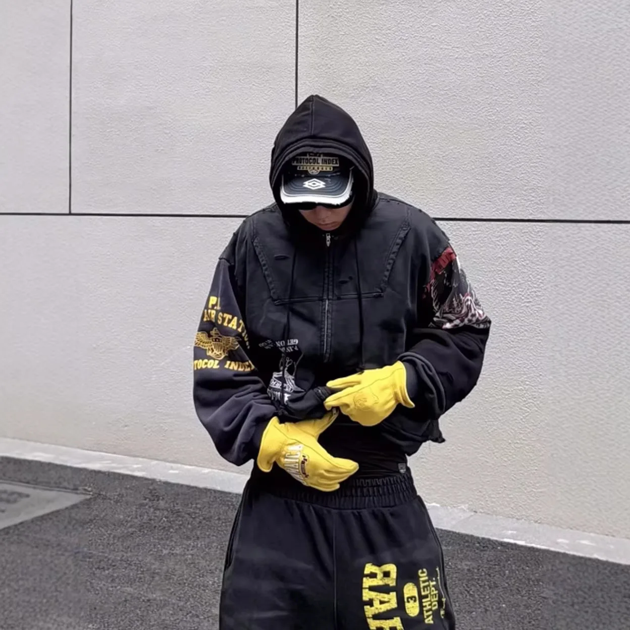 

Grailz new autumn-winter reversible patchwork design, washed and patched letter-printed zipper hooded sweatshirt - Project G/R