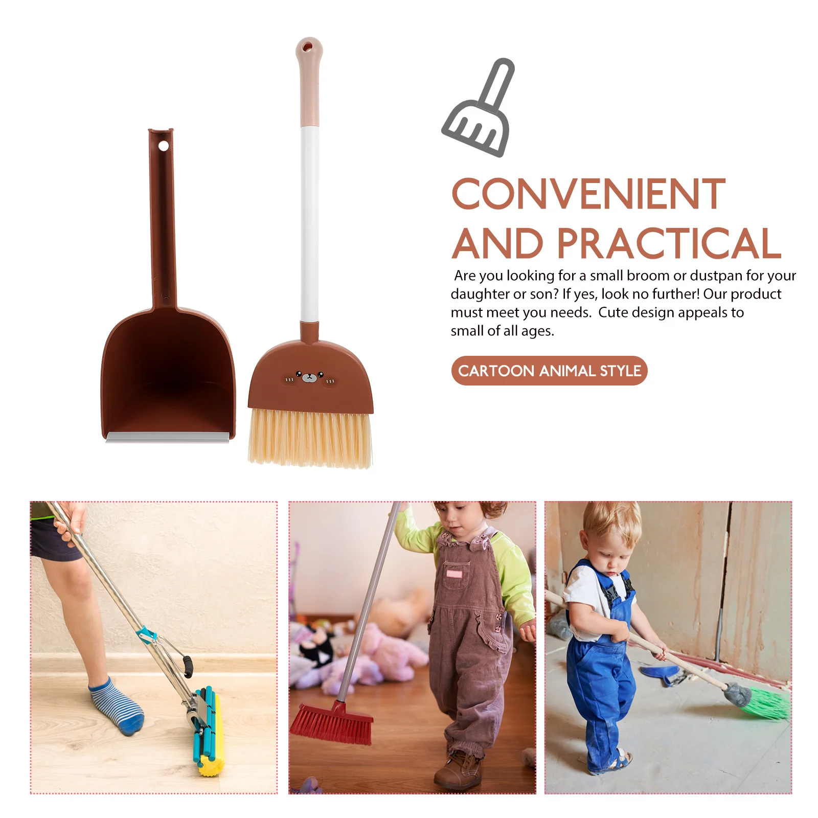 Kids Broom and Dustpan Cartoon Animal Style Small Toddler Cleaning Set Lightweight Portable Housekeeping Helper for Home Use