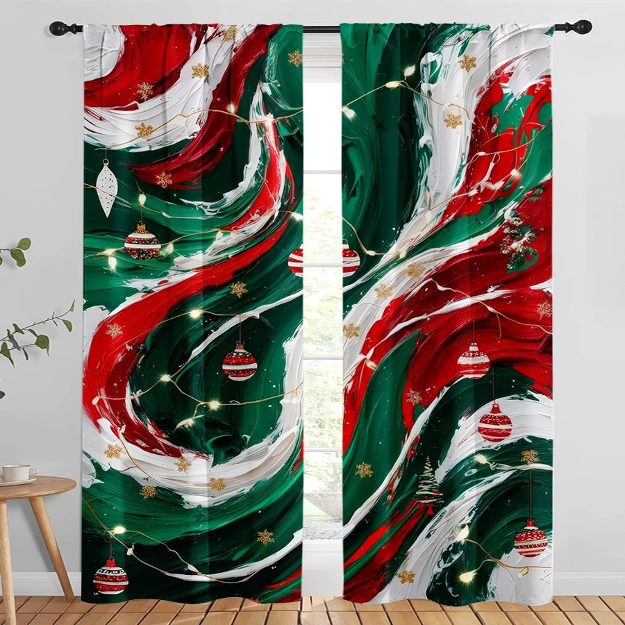2PCS Christmas Digital Print Curtains, Red Green White Marble Swirl Ornaments, Modern for Living Room Bedroom Window Decor