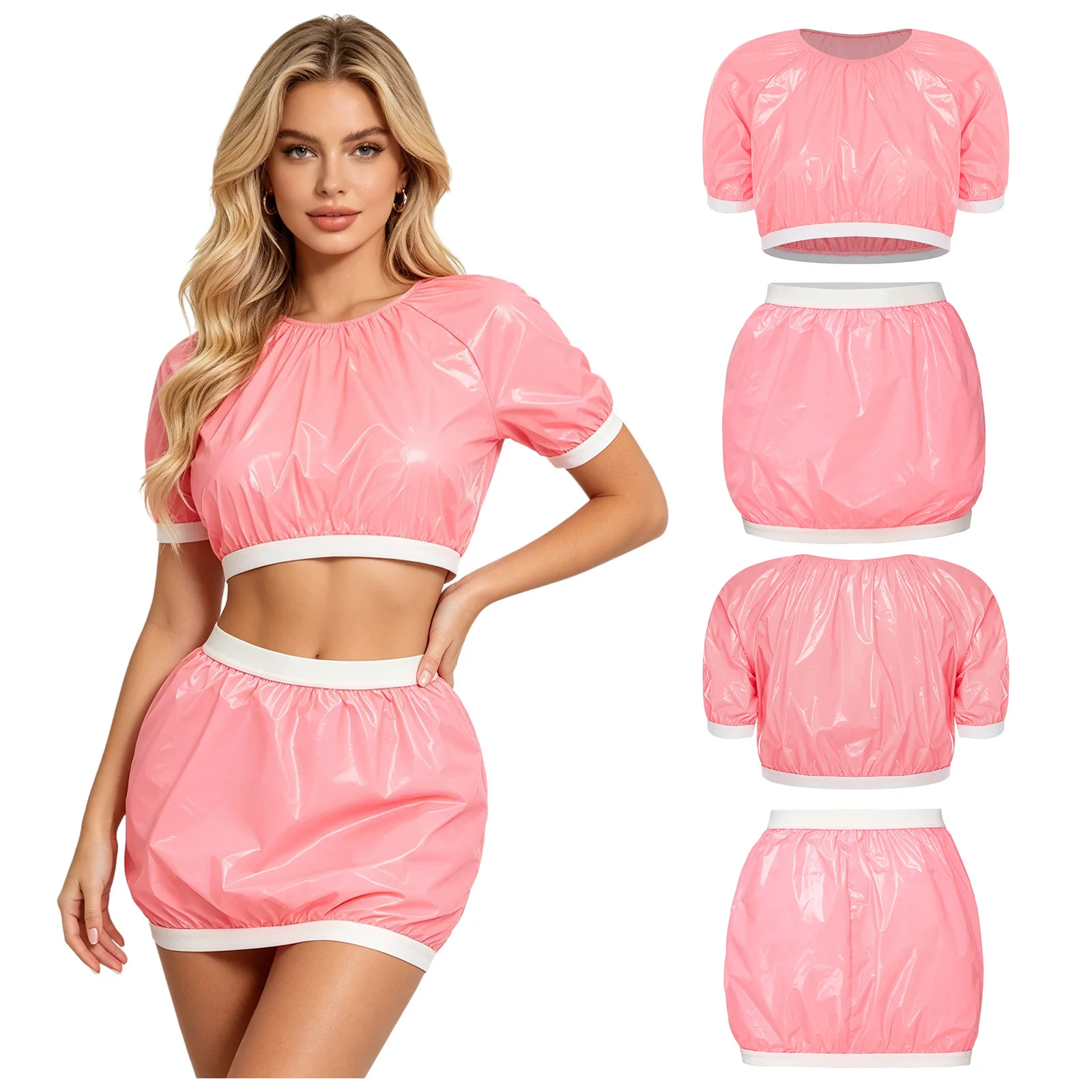 Women Waterproof Glossy Swim Sports Club Costume Crop Top Skirt Special Needs Adaptive Clothing Swimwear Clubwear Nightwear