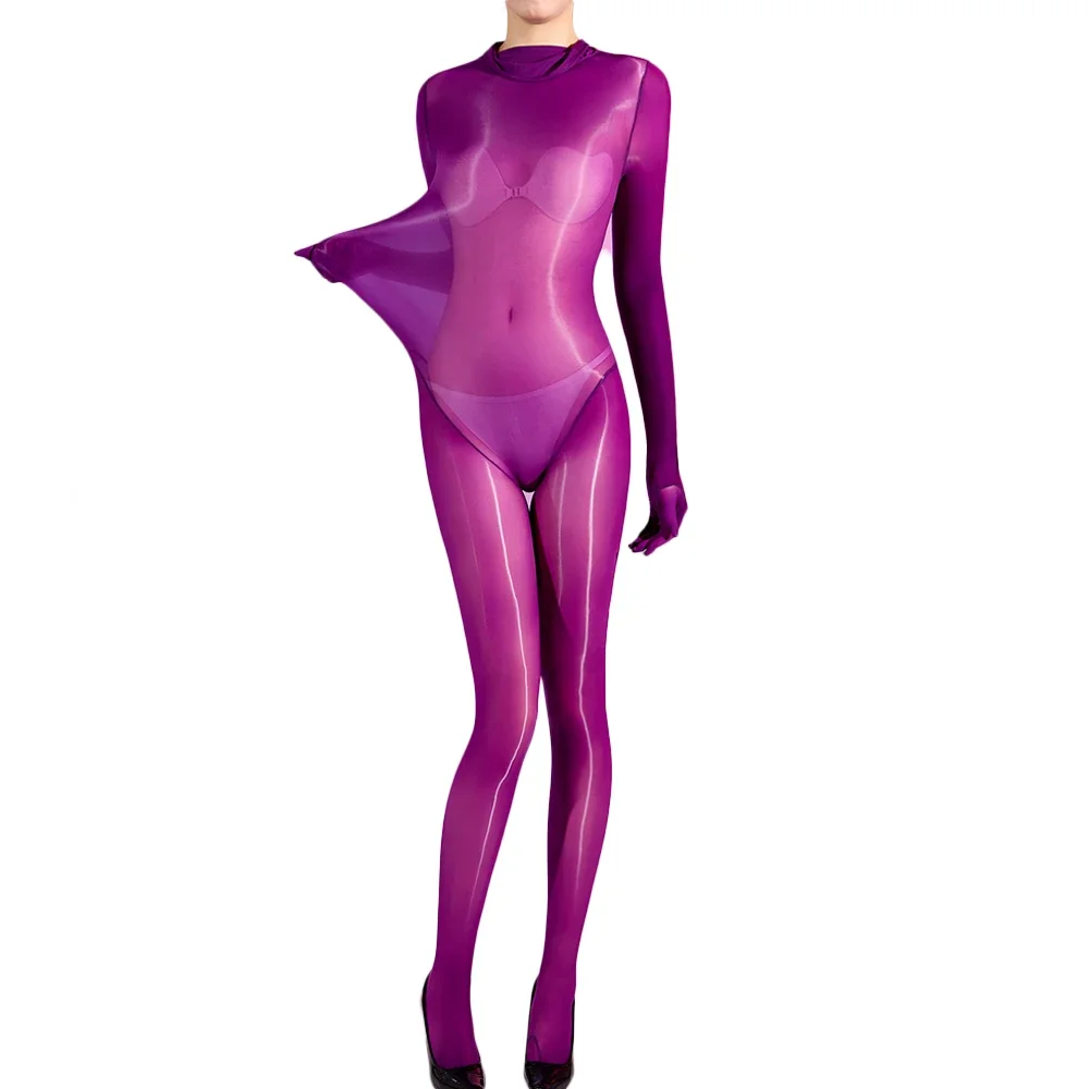 Sexy Women Glove Sleeve Bodysuit 5D Oil Glossy Shiny Elastic Bodysuit Sexy Tights Yoga Shapings Maid Leotard Body Stocking