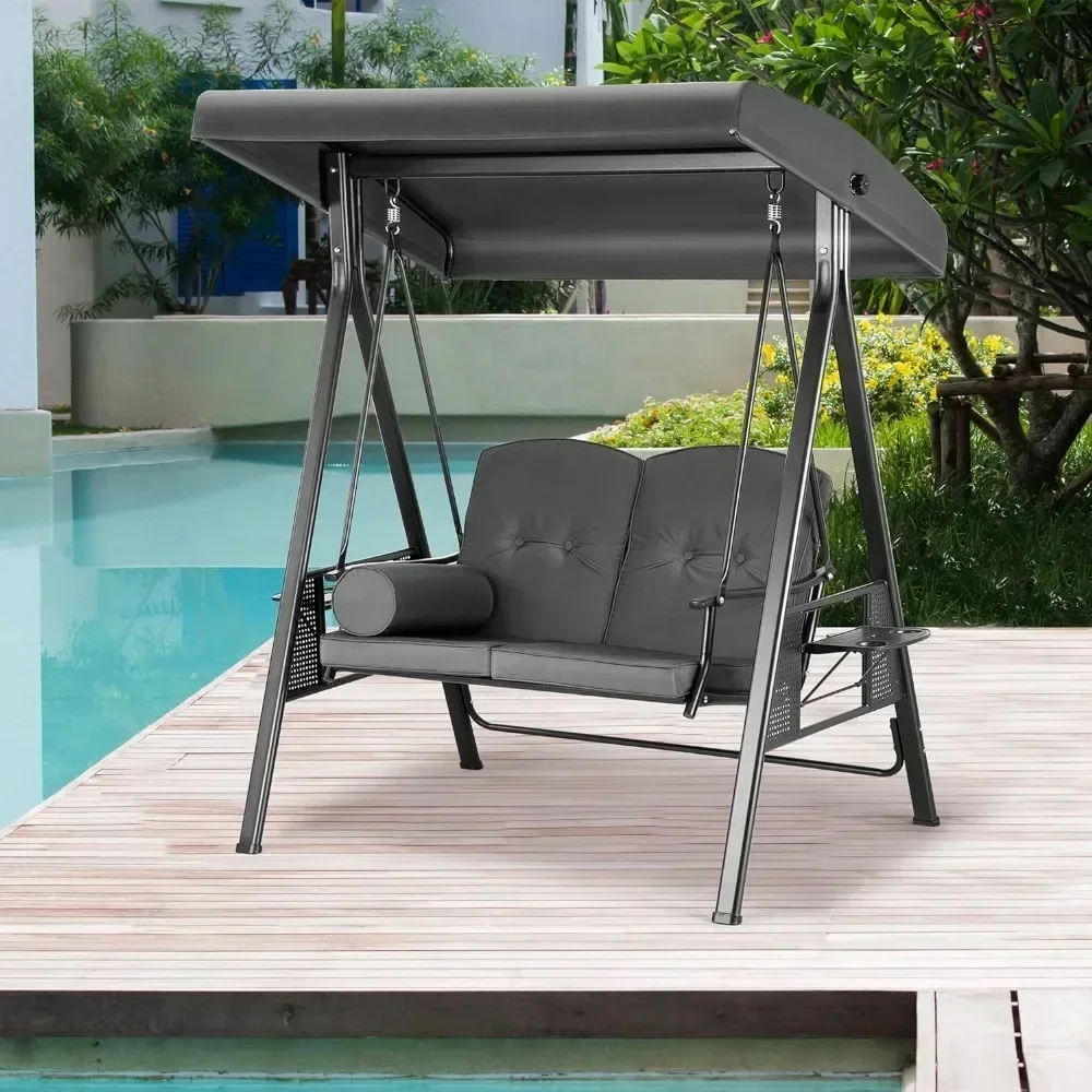 Outdoor Patio Swing Chair with Weather Resistant Steel Frame, Adjustable Canopy，Removable Cushion and Pillow for Backyard Gray