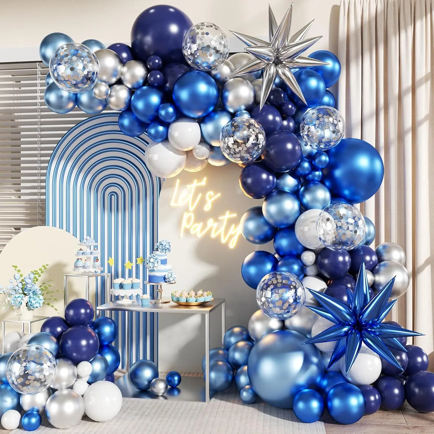 101Pcs Navy Blue Metallic Silver Blue Balloons Garland Arch Kit with Stars for Graduation Wedding Birthday Party Decorations