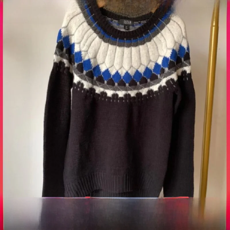 Suéter de lã pura de malha e com gola redonda, padrão floral nos ombros, blusa de malha com gola alta para mulheres.