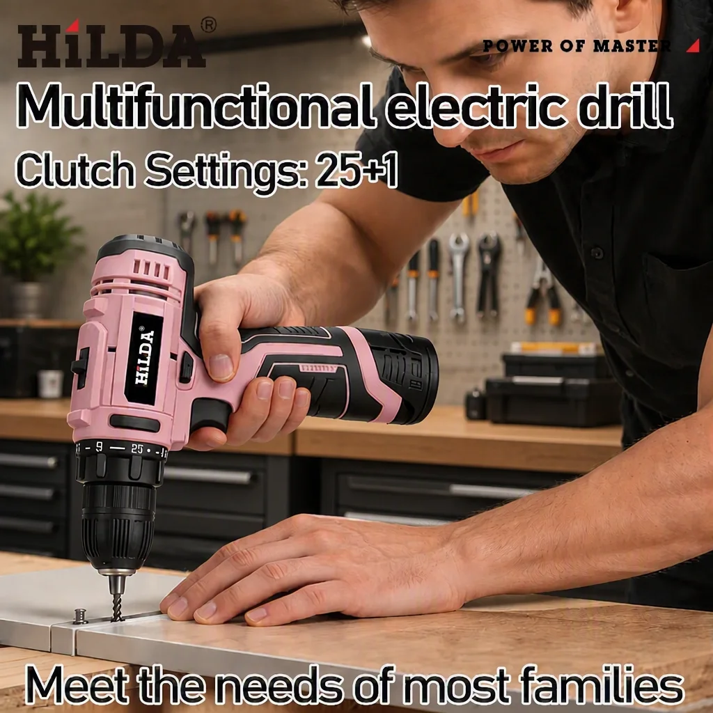 HILDA Pink Cordless Drill 25+1 Torque Electric Screwdriver Portable Power Tool Household DIY   Female Gift for Birthday Holiday
