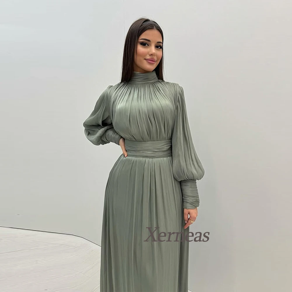 Customized Pleated Evening Dresses Long with Cuffed Sleeve A Line Dress for Women Arabic Elegant Prom Party Gowns